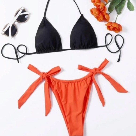 Orange Halter triangle padded black side tie ruched lined thong swimsuit Sz S - Picture 1 of 6